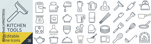 Collection of editable line icons representing various kitchen tools and cooking utensils