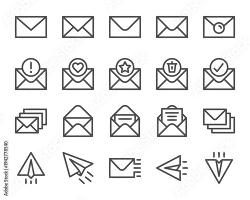 Collection of email and communication icons, representing sending and receiving messages