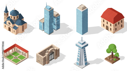 Isometric urban architecture collection with diverse buildings and landmarks