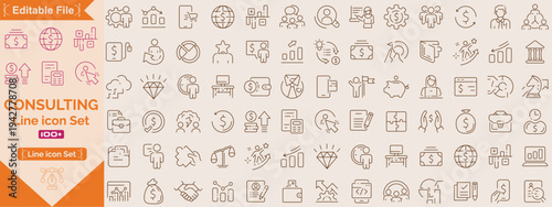 Consulting icon set of scope, creative, business, technology, construction, health, team, idea, university, management, worker, creativity, partnership, employee, manager, biotechnology, Line icon set