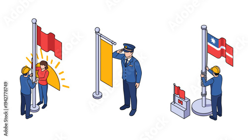 Isometric flag raising ceremony with workers and officer celebrating national day