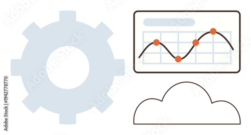 Data analytics, technology systems, cloud computing, process automation, business intelligence, and trends visualization. Gear, cloud and a line graph showing fluctuation points. Data analytics