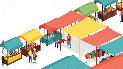 Colorful market scene with tents and stalls in isometric perspective