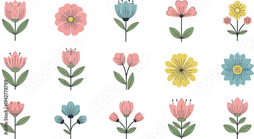 Colorful flowers in pink yellow blue green