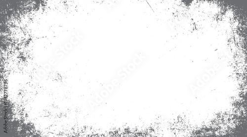 Gray textured grunge border overlay with scattered specks and scratches on white background distressed