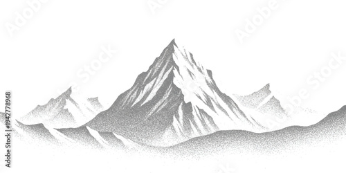 A detailed black and white illustration of a majestic mountain range with a prominent central peak.
