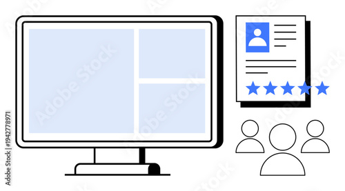 Computer with user profile and star rating beside group icons symbolizing digital identity, online reviews, and user analytics. Ideal for social media, recruitment, customer feedback, e-commerce, UX