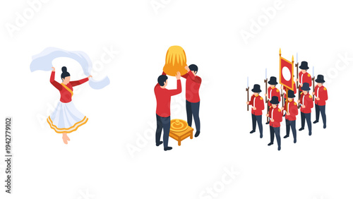 Cultural traditions: dancer, ceremony, and parade in isometric style