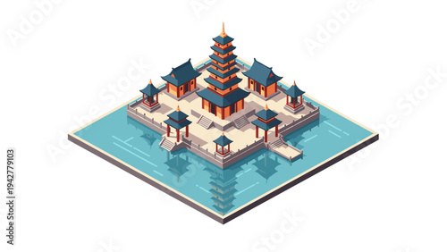 Isometric chinese pagoda on water with reflections and traditional architecture