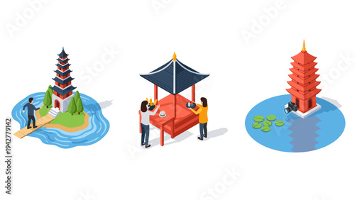 Isometric cultural experiences: asian landmarks and activities in vibrant scenes