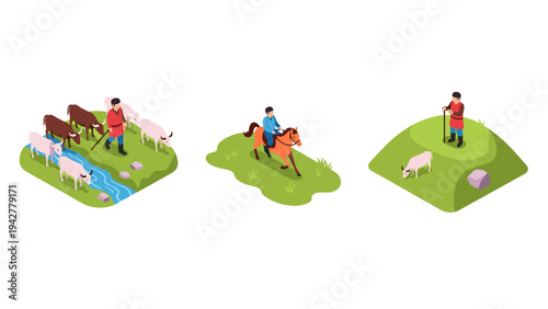 Isometric farm life: herding cattle and horse riding scenes