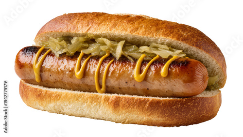 Foto Isolated grilled bratwurst sausage in a bun, topped with mustard and sauerkraut,