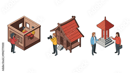 Isometric meeting scenes in traditional asian architecture setting