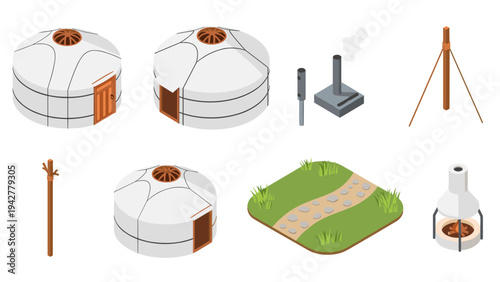 Isometric nomadic yurts and outdoor elements with minimalist design
