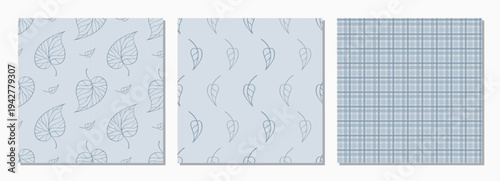 Hand drawn leaf seamless patterns. Soft blue botanical and simple plaid backgrounds set