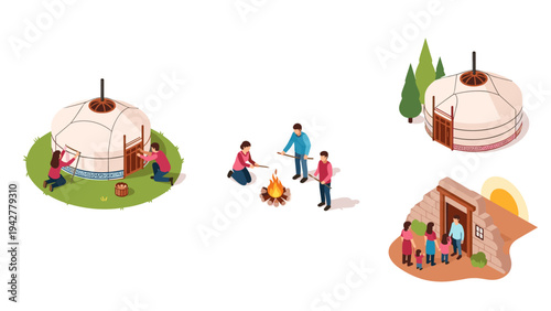 Traditional nomadic life: yurt, campfire, and community in isometric design