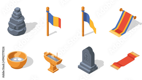 Isometric cultural symbols collection: flags, monuments, and rituals