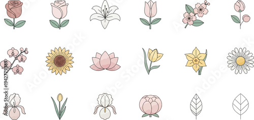 Various flowers and leaves in pastel colors pink yellow