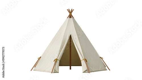 Isolated Teepee tent made of canvas, canvas tipi for kids, with poles, ready for adventure