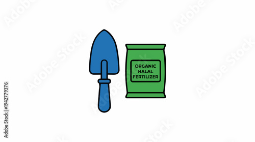 Blue Garden Trowel And Green Bag With Halal Label On White Background