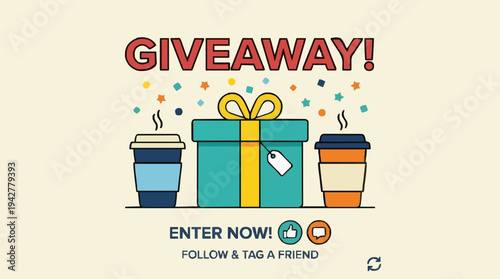 Gift Box and Coffee Cups Displayed With Giveaway Announcement Confetti Falling And Promotional Text Below