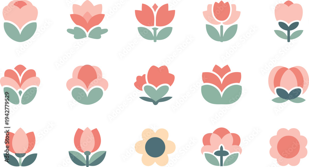 Fototapeta premium Various pink and green tulip and flower on white background flowers tulips