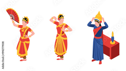 Traditional asian dance in isometric style with cultural costumes and accessories