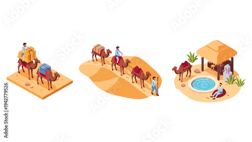 Isometric camel caravan journey through desert oasis scene