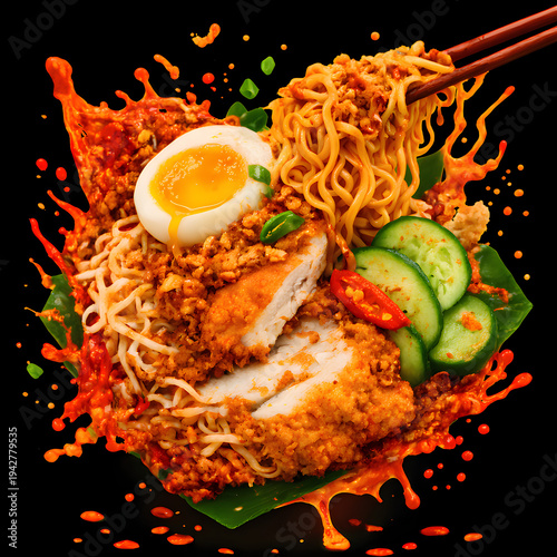 realistic AI Digital Art of Spicy Indonesian Mie Goreng with Crispy Fried Chicken Katsu and Egg Splash