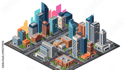 Isometric urban cityscape design with vibrant skyscrapers and streets