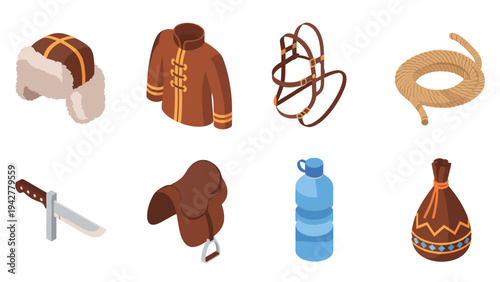 Isometric set of traditional nomadic items including fur hat and leather saddle