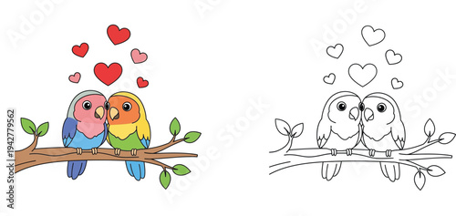 Two cute cartoon lovebirds on a branch with hearts. Colorful illustration and black and white line art outline for kids coloring book page.