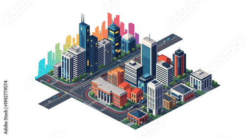Isometric cityscape with modern buildings and urban skyline