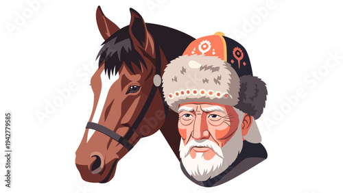 Artistic portrait of elderly man and horse in traditional attire