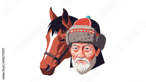 Elderly man in fur hat and horse portrait in retro cartoon style