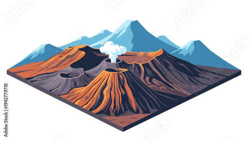 Isometric volcano eruption with snow-capped mountains in background