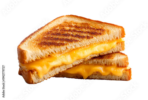 Stacked grilled cheese sandwich dripping melted yellow cheese on white bread png transparent background