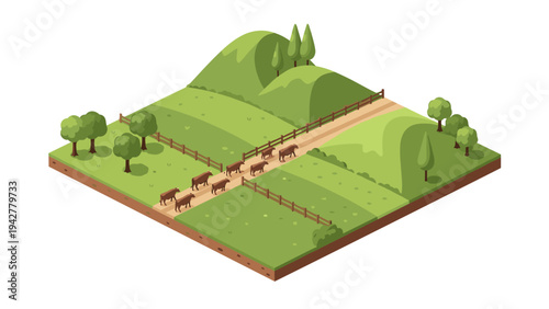 Isometric farm landscape with cows and trees on a sunny day