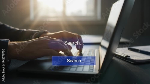 Person typing on laptop with search bar on screen in office setting with sunlight