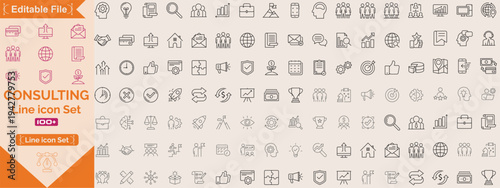 Consulting icon set of scope, creative, business, technology, construction, health, team, idea, university, management, worker, creativity, partnership, employee, manager, biotechnology, Line icon set