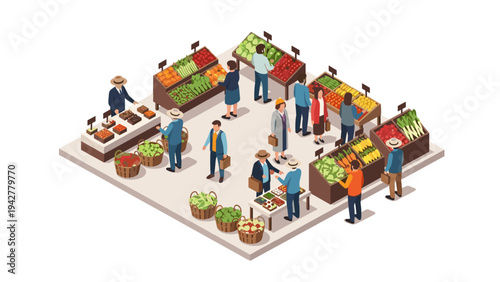 Isometric market scene: diverse shoppers exploring fresh produce stalls