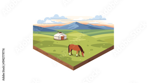 Rustic pasture with grazing horse and yurt against mountain landscape in flat style