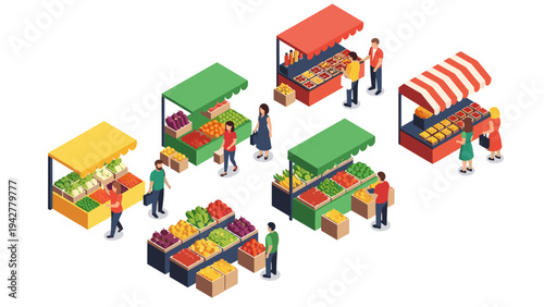 Colorful isometric market scene with people interacting at vibrant food stalls