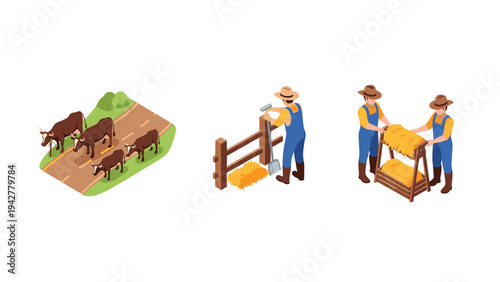 Isometric farm scene with cattle and farmers performing daily tasks