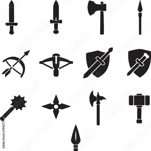 Medieval Weapon Silhouette Icon Set Sword Mace Hammer Spear Axe Shield Collection Vector
