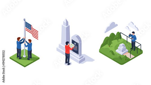 Isometric memorial day scenes with american flag and monuments