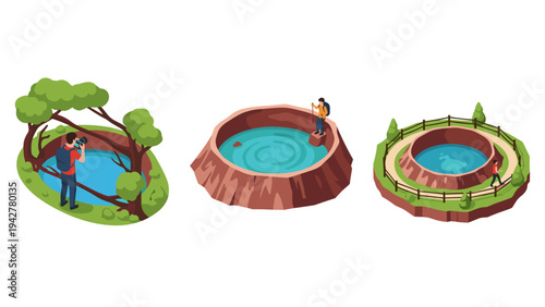 Explorers at scenic crater lakes in isometric outdoor adventure