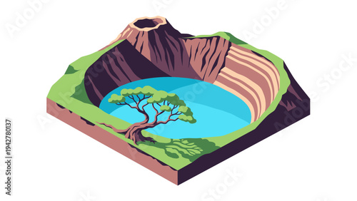 Isometric volcanic crater with tree and lake in low poly style