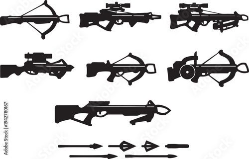 Crossbow Silhouette Collection Tactical Bow Arrow Launcher Hunting Weapon Icons Vector
