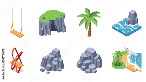 Isometric nature elements collection with rocks, islands, and palm trees